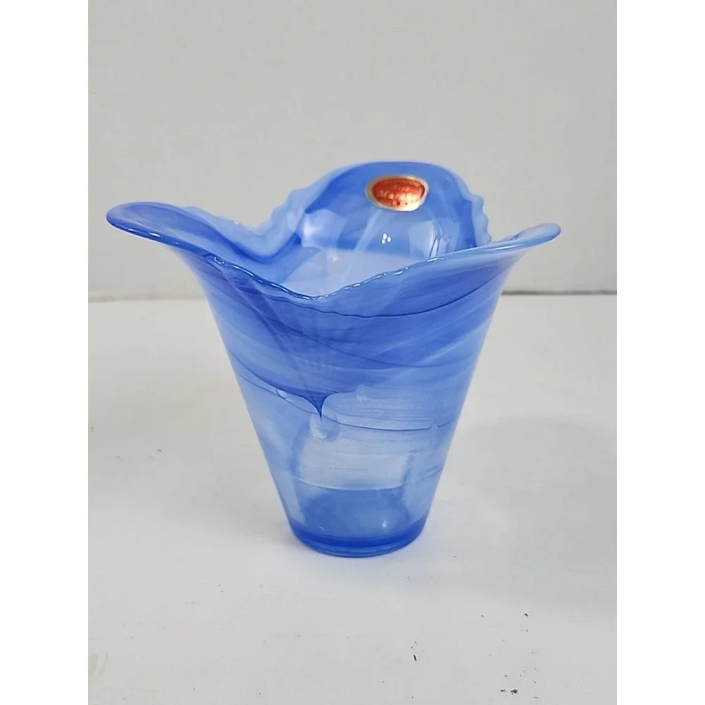 Vintage Lavorazione Murano Style Art Glass Blue Clear Swirl Ruffled Edge Vase